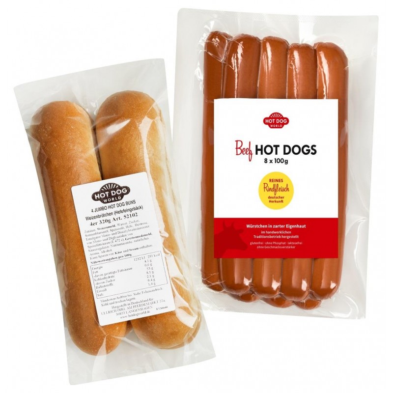 Pack Hot Dogs grand format "Jumbo" CLASSIC 100g (88 saucisses et pains)  66088 Packs Hot-Dog
