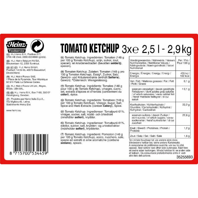 Ketchup HEINZ tomates en pochons 3 x 2,5 L  53311 Sauces Hot Dogs