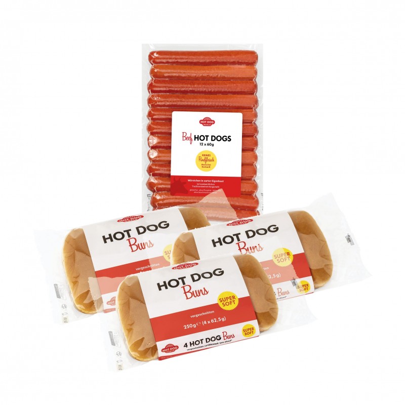 Pack 144 Hot Dogs "Classic" Saucisses de porc de paille 60g et pains  61244 Packs Hot Dogs