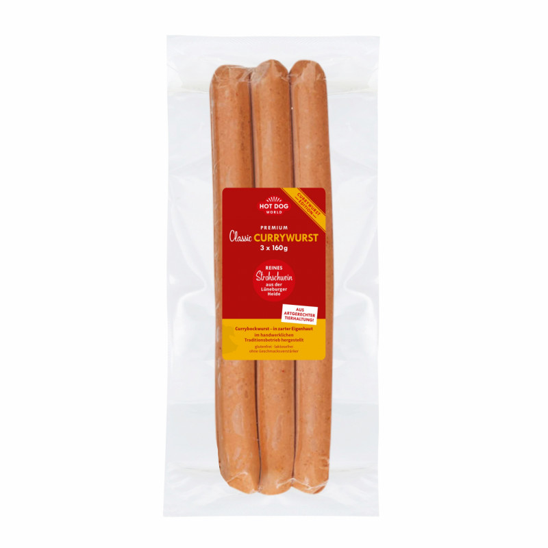 Currywurst porc fermier élevé sur paille 3 x 160 g