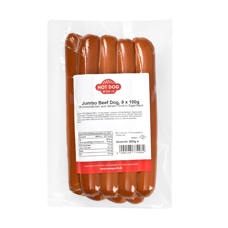 Saucisses Hot Dogs pur boeuf (96x100g) "JUMBO"  51225 Saucisses Hot Dog