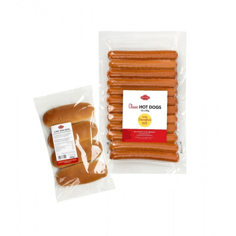 Pack 144 Hot Dogs "Classic" Saucisses de porc de paille 50g et pains  61144 Saucisses Hot Dogs